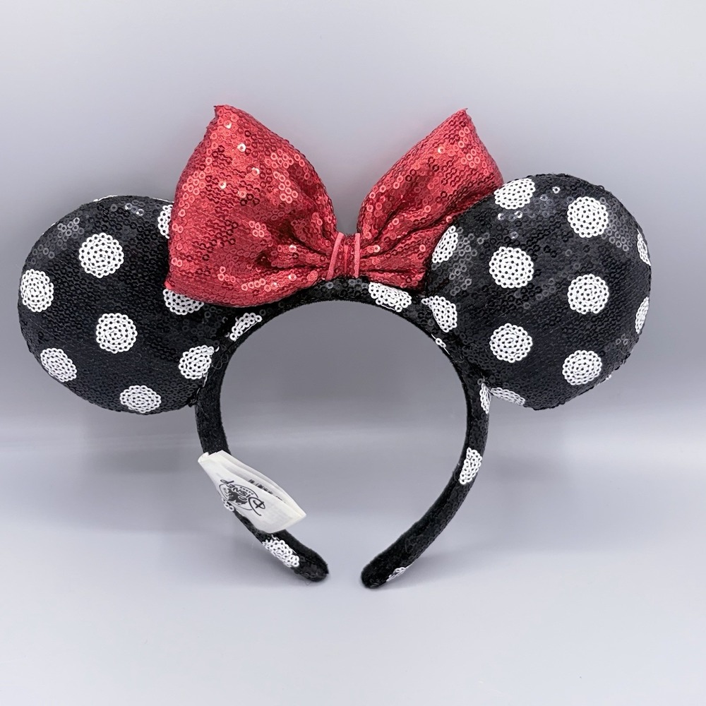 Disney Parks Minnie Mouse Sequined Black White Polka Dot Red Bow Ears Headband